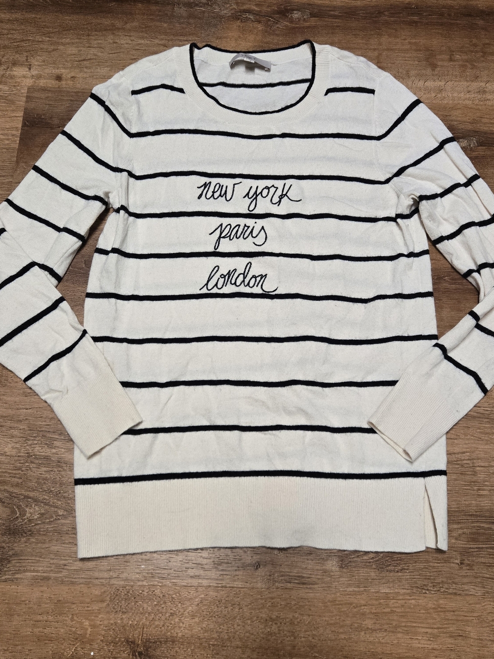 LOFT Cream and Black Striped Crewneck Sweater with City Script Large Wool Blend